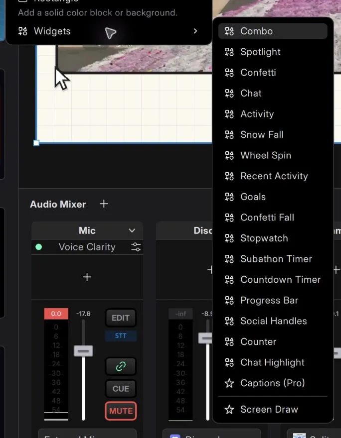 The Widgets submenu showing chat, alerts, timers, captions, and Screen Draw.