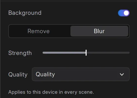 Background section set to Blur, showing the Strength slider