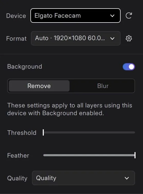 Camera layer Inspector with Background enabled and Remove and Blur controls.