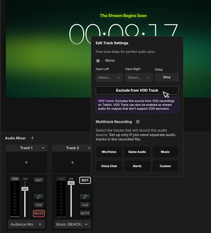 Meld Studio audio mixer showing Track 1 set to Audience Mix and Track 2 set to Music with the Edit Track Settings panel open and Exclude from VOD Track option