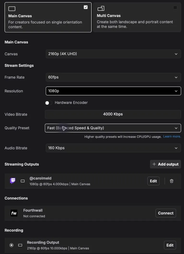 Settings with a 2160p canvas, 1080p stream resolution, and 2160p recording output.