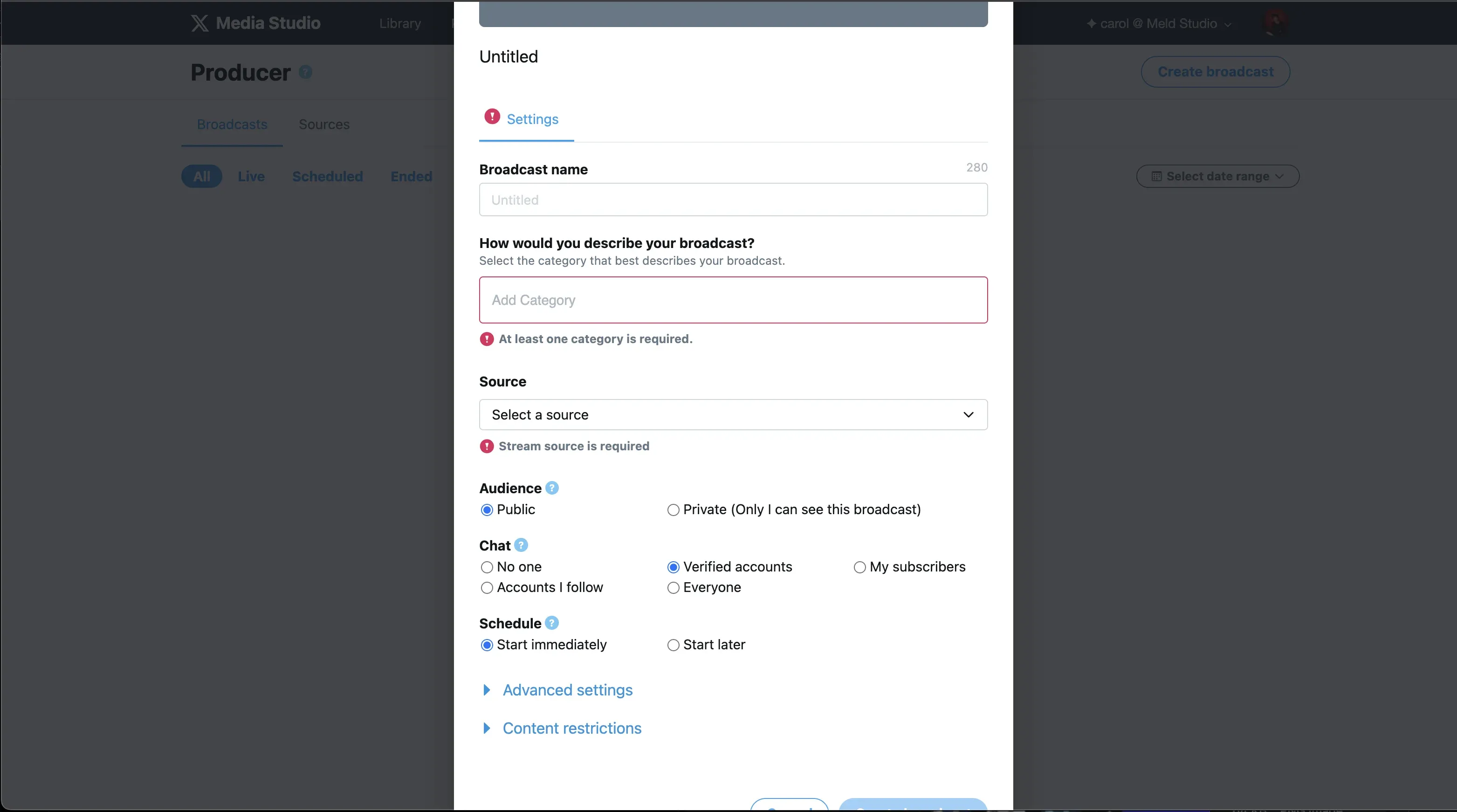 Create broadcast dialog in X Media Studio