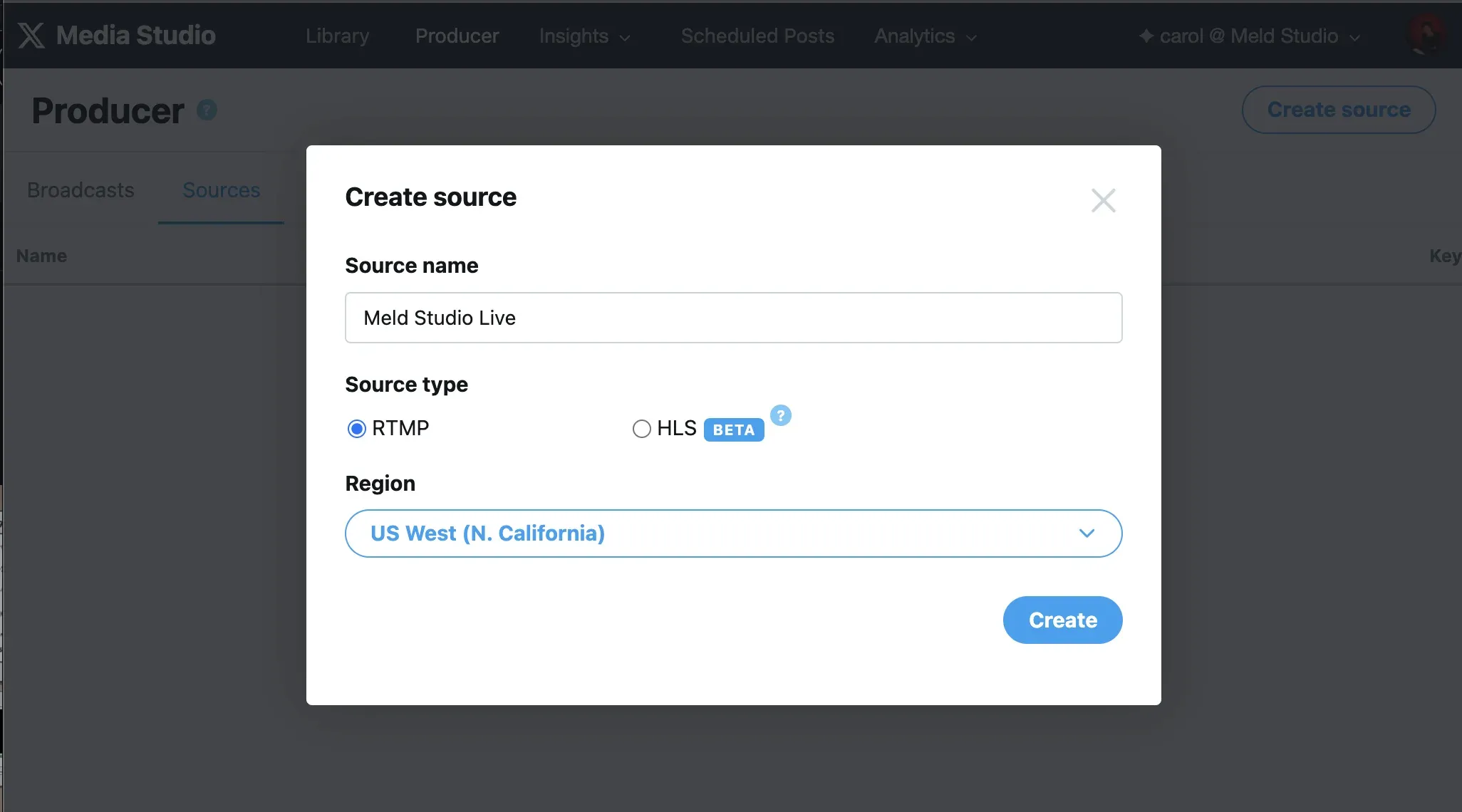 Create source dialog in X Media Studio