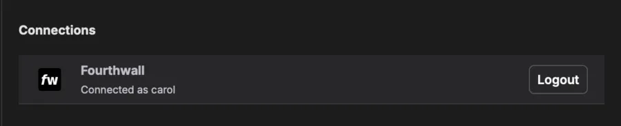 The Fourthwall connection showing Connected as a username with a Logout button