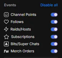 The Events list in Stream Chat settings with the Merch Orders toggle