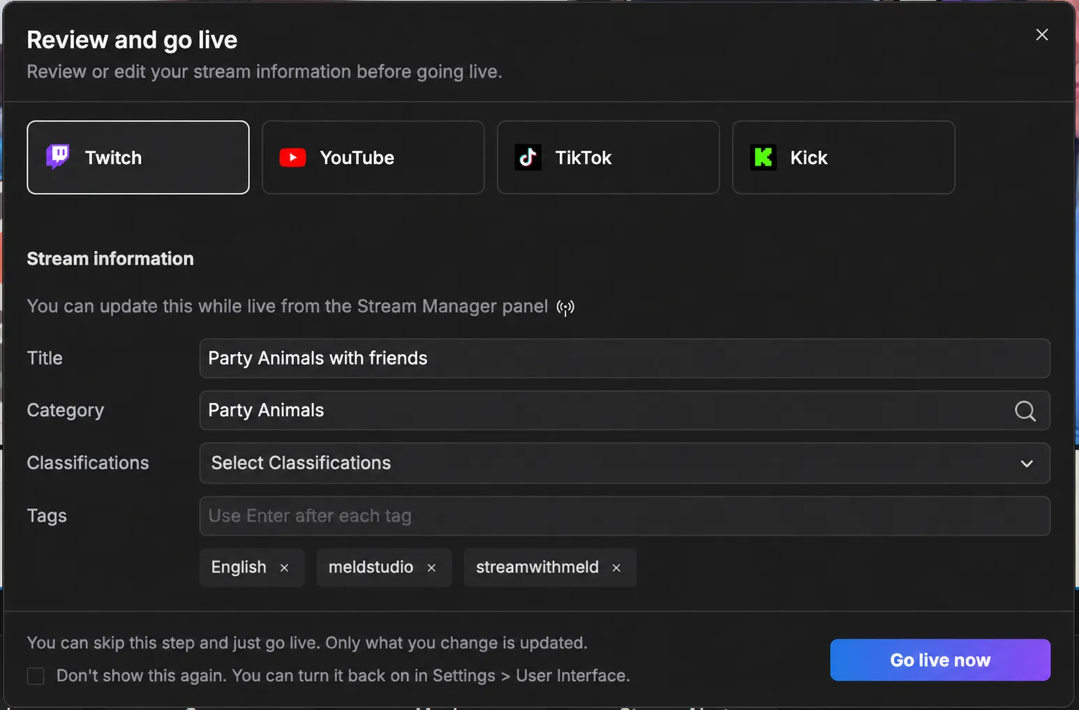 Review and go live dialog with title, category, tags, and the option to hide this dialog.