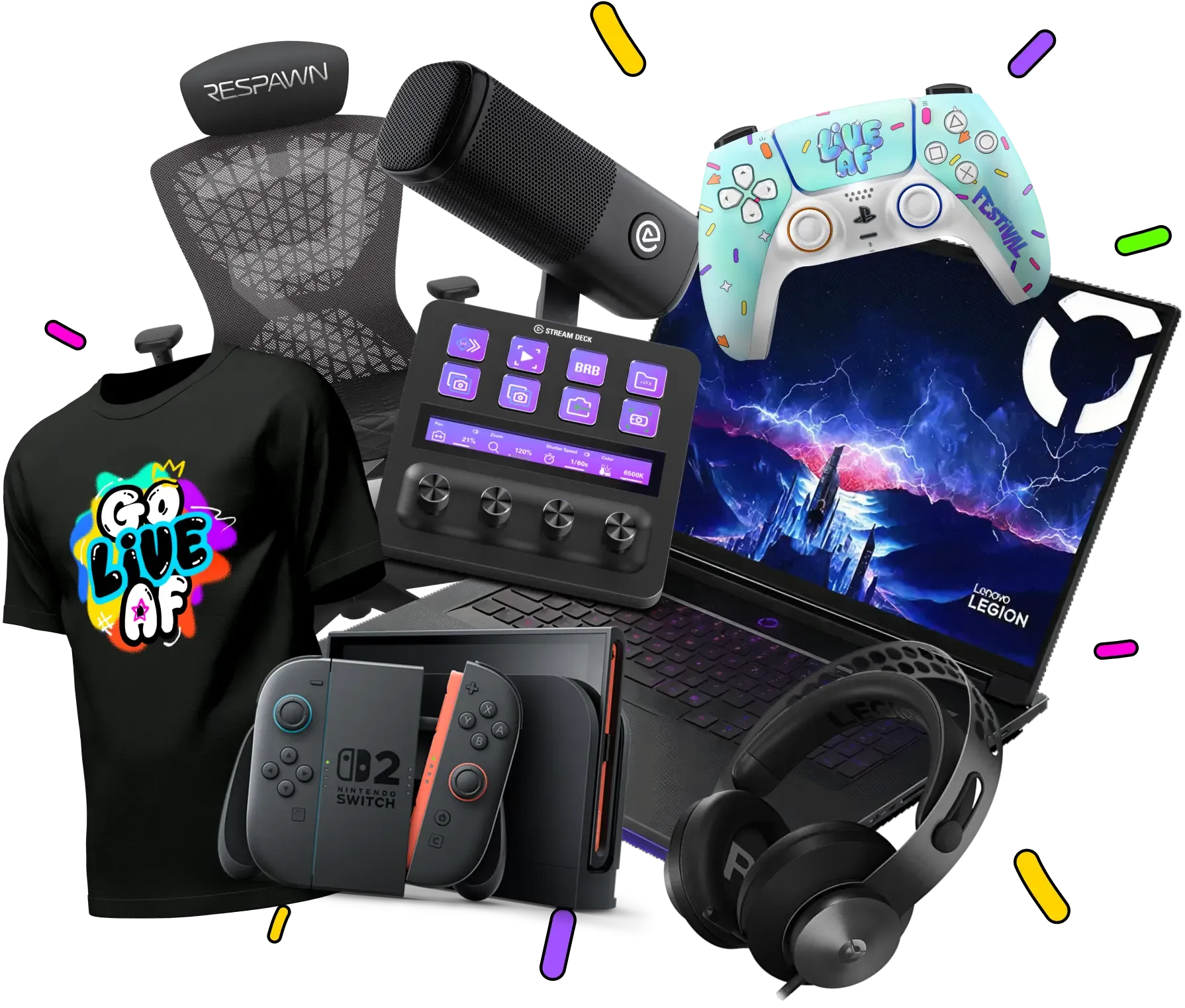 Gaming gear and prizes including headset, microphone, VR headset, gaming controllers