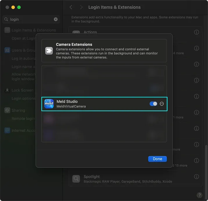 Camera Extensions dialog in macOS System Settings with the Meld Studio MeldVirtualCamera extension enabled
