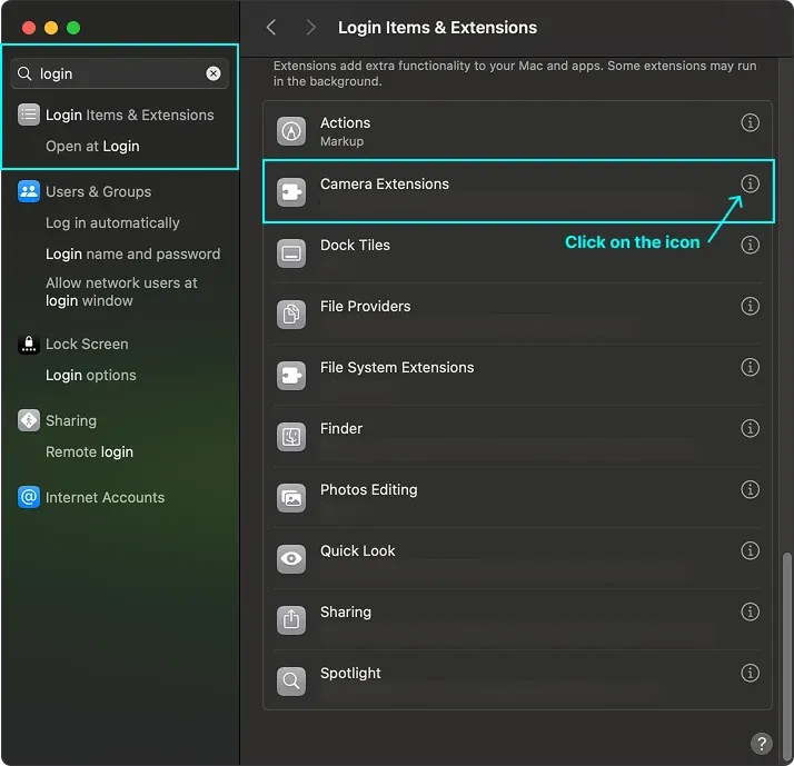 System Settings with Login Items and Extensions open and an arrow pointing to the info icon on the Camera Extensions row