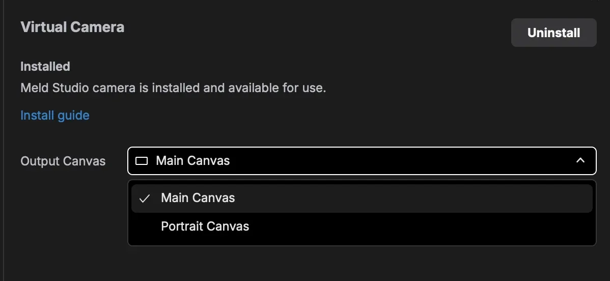 Virtual Camera settings on macOS with the Output Canvas dropdown open, showing Main Canvas and Portrait Canvas