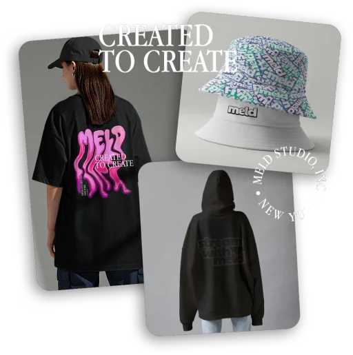 Meld Studio merchandise including t-shirts, hoodies, and bucket hats