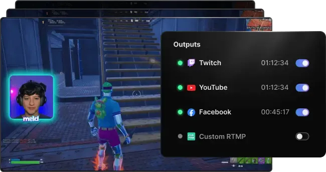 User interface showing outputs panel with Twitch, YouTube, Facebook and Custom RTMP configured.