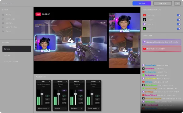 Meld Studio interface showing streaming software with layers, scenes, audio mixer, and multi-platform chat