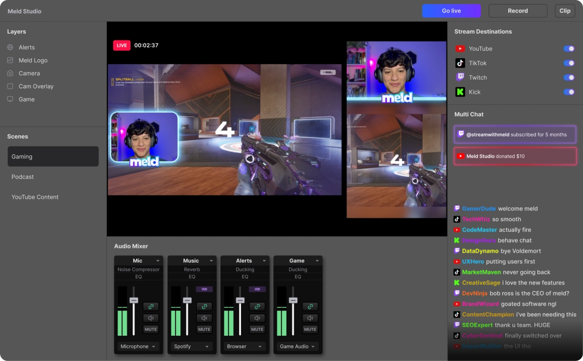Meld Studio interface showing streaming software with layers, scenes, audio mixer, and multi-platform chat