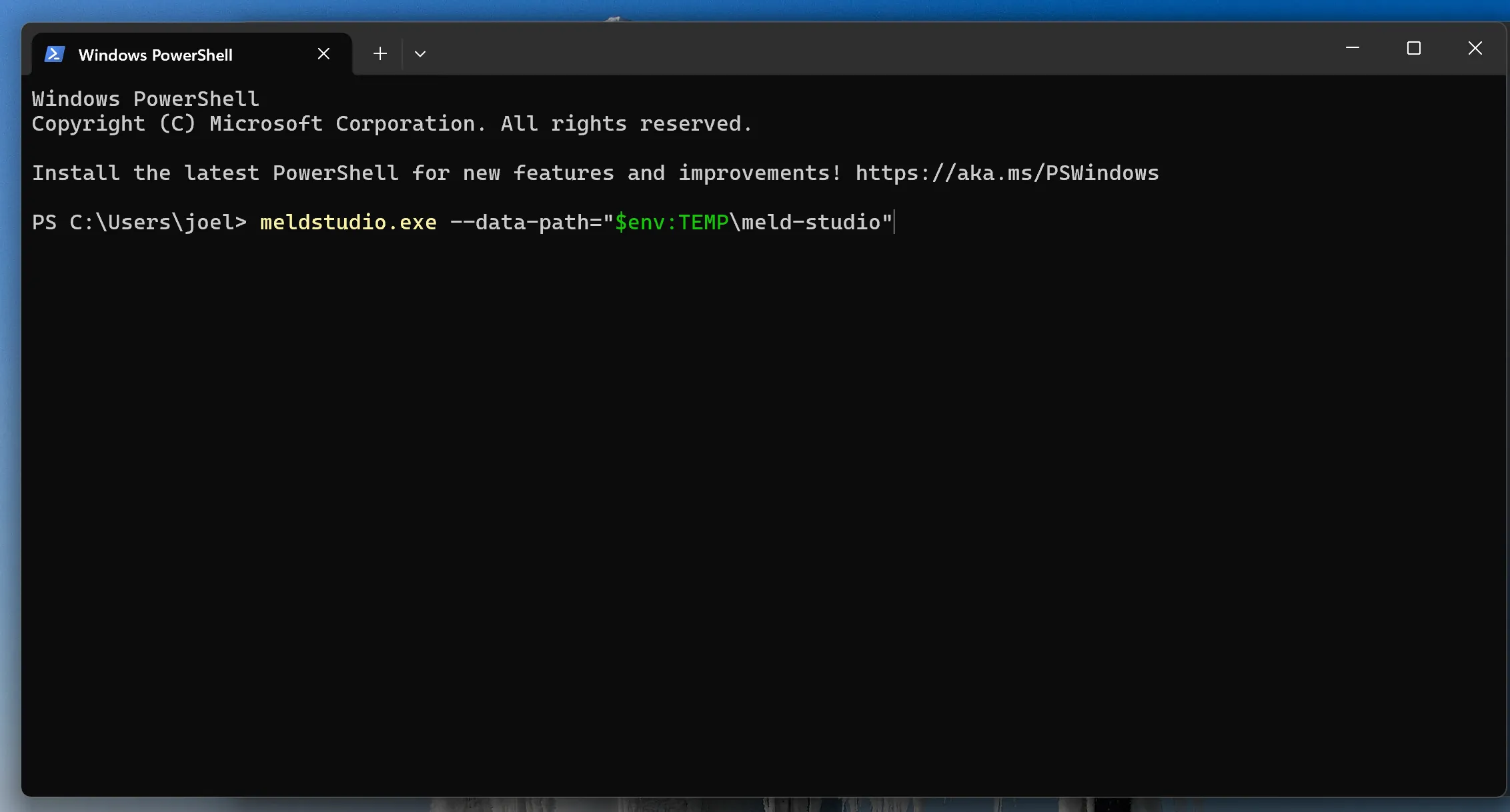 A Powershell window running Meld Studio with a custom data path on Windows.