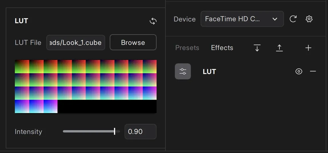 LUT effect settings in Meld showing a loaded .cube file, its preview, and the Intensity slider