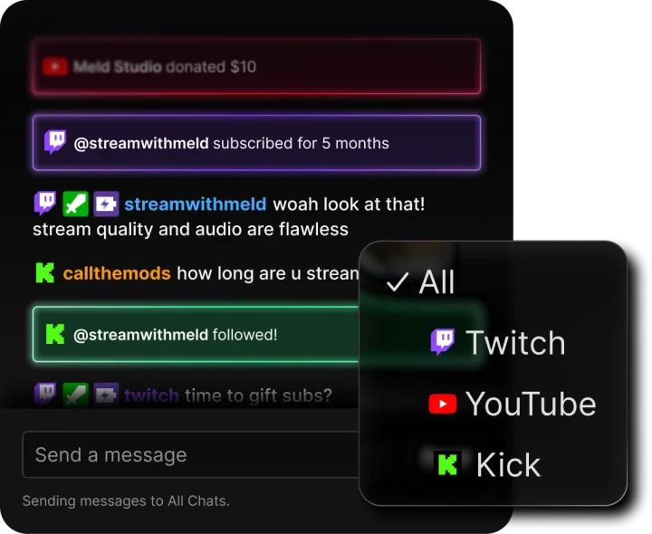 Meld Studio Multi Chat with unified Twitch, YouTube, and Kick chat integration