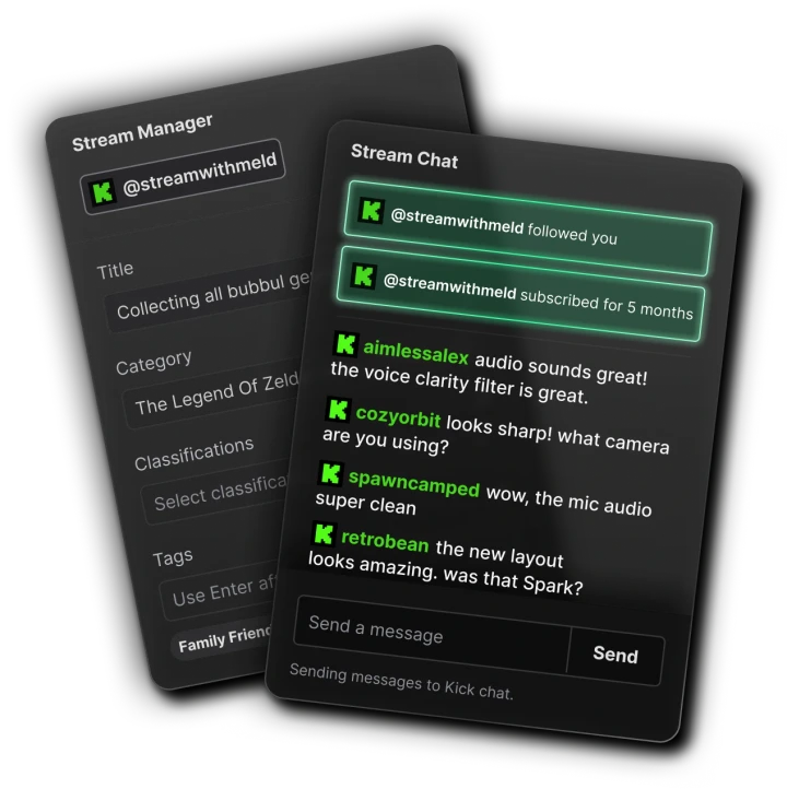 Meld Studio Stream Chat and Stream Manager panels showing Kick chat, follows and subscriptions