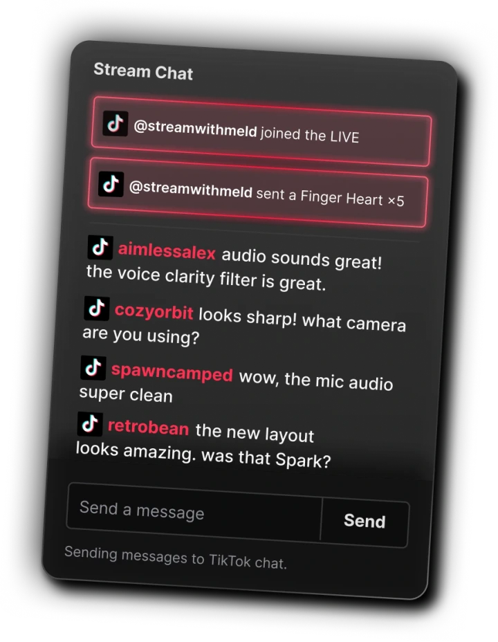 Meld Studio Stream Chat panel showing TikTok chat, joins and gifts