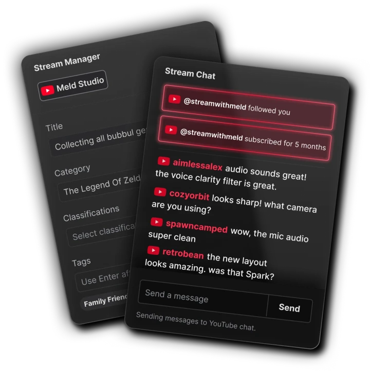 Meld Studio Stream Chat and Stream Manager panels showing YouTube chat, follows and subscriptions