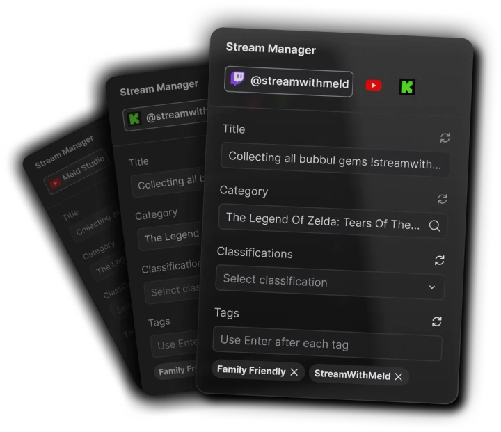 Meld Studio Stream Manager panel for managing stream title, category, and tags across Twitch, YouTube, and Kick