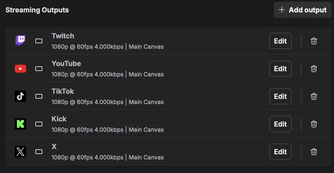 Twitch, YouTube, TikTok, Kick, and X listed under Streaming Outputs in Meld settings.