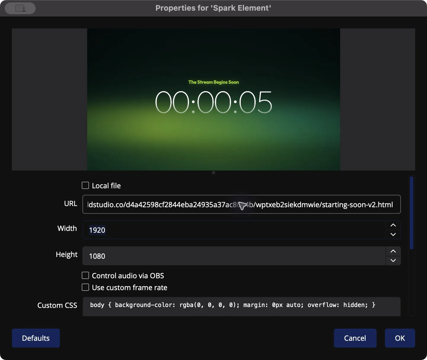 OBS Browser Source properties with a Spark element URL, preview, width, and height.