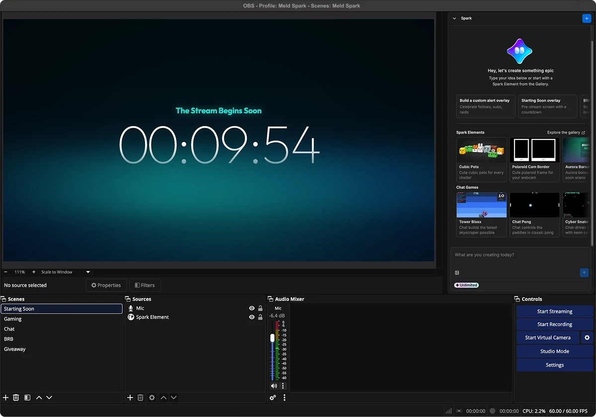 OBS interface with the Meld Spark panel showing prompt input and Spark Elements gallery