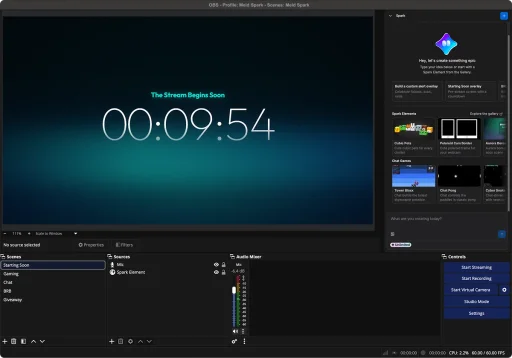 OBS interface with the Meld Spark panel showing prompt input and Spark Elements gallery