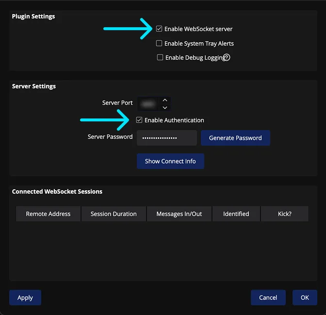 WebSocket Server Settings dialog with Enable WebSocket Server and Enable Authentication checked