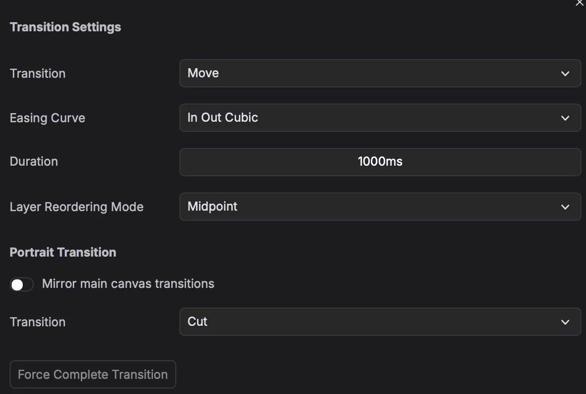 Transition settings with separate Portrait Transition controls and the mirror toggle.