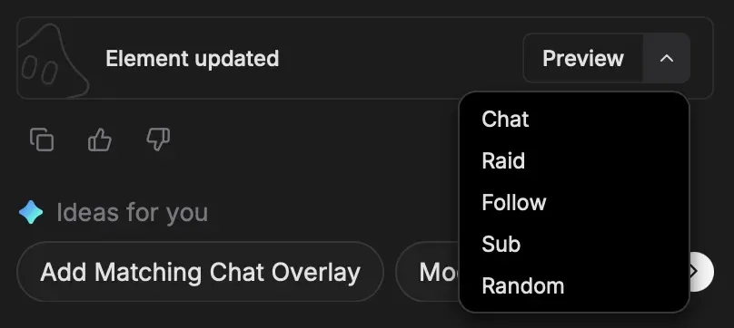 Preview button in the Meld Spark panel with options for Chat, Raid, Follow, Sub, and Random