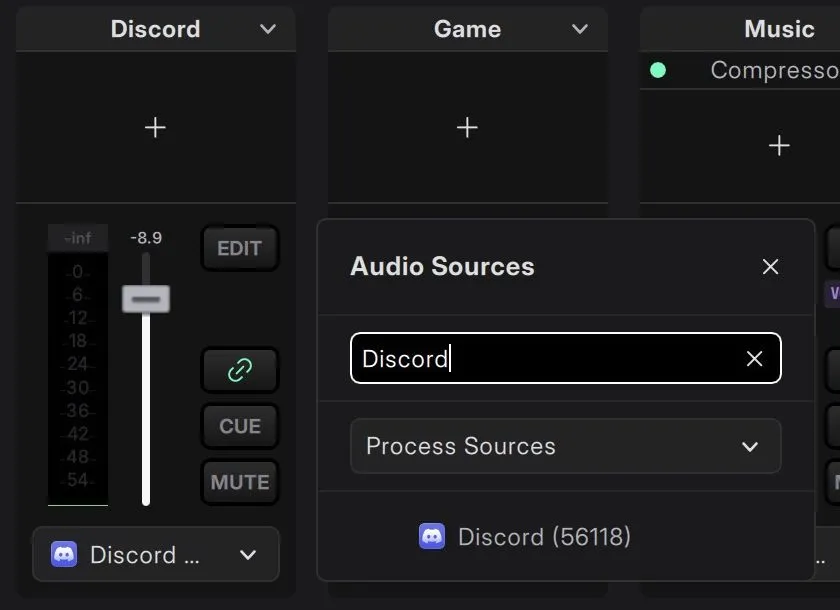 A Discord mixer track and the Audio Sources menu filtered to Discord under Process Sources.