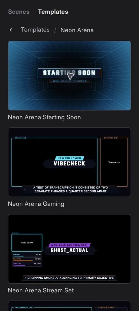 Neon Arena scene templates in the Templates tab.