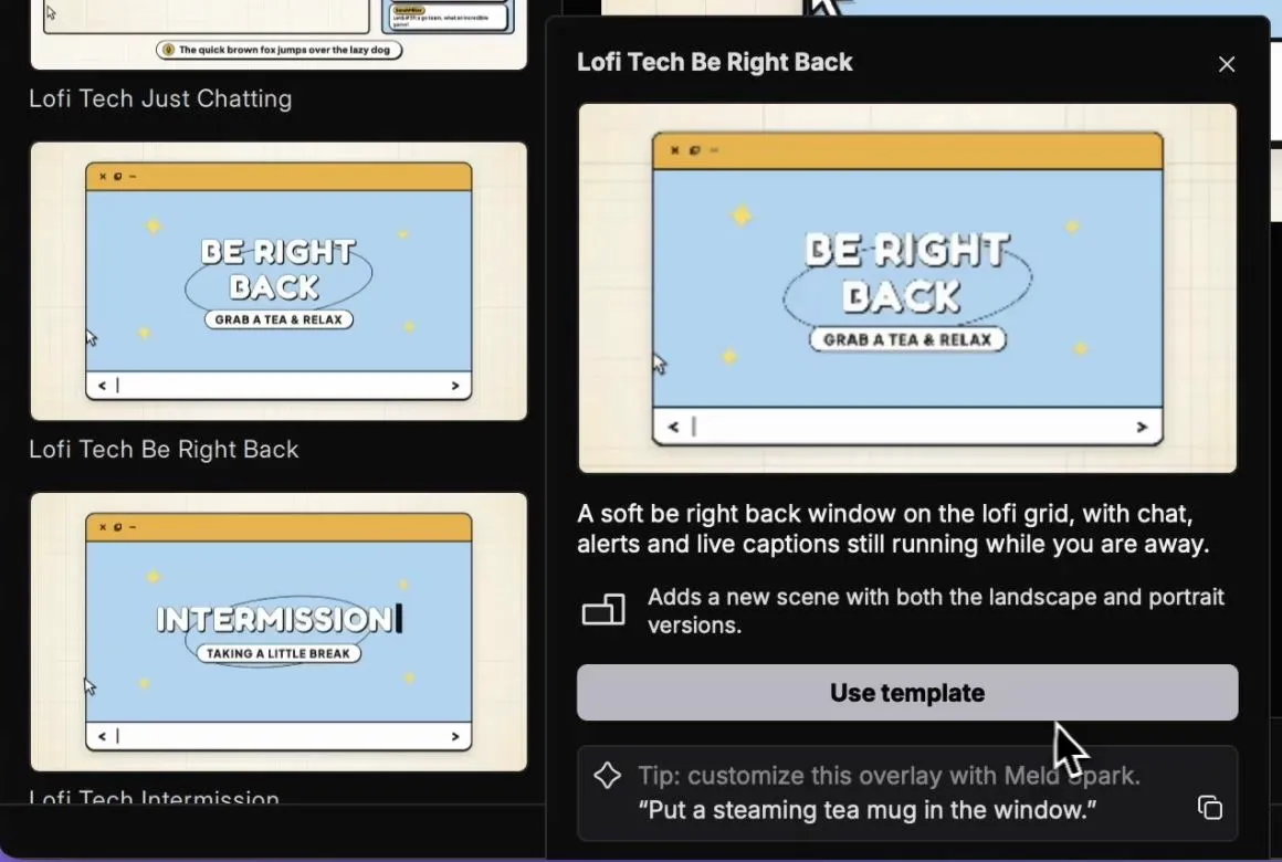 Lofi Tech Be Right Back template details with the Use template button.
