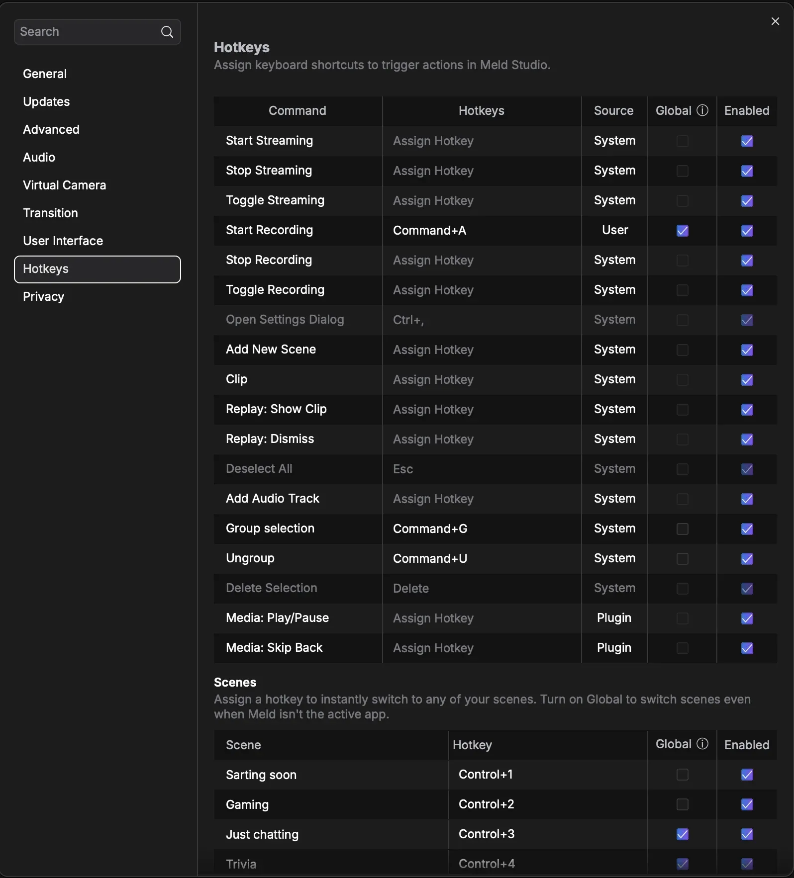 Hotkeys tab in Settings, showing the command list and the Scenes section below it