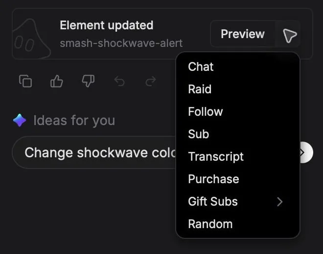 The Preview menu on a Spark element card, showing Chat, Raid, Follow, Sub, Transcript, Purchase, Gift Subs, and Random.