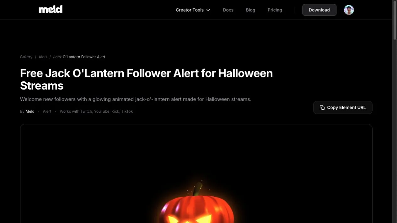 The Jack O Lantern Follower Alert gallery page with Copy Element URL and the alert preview.