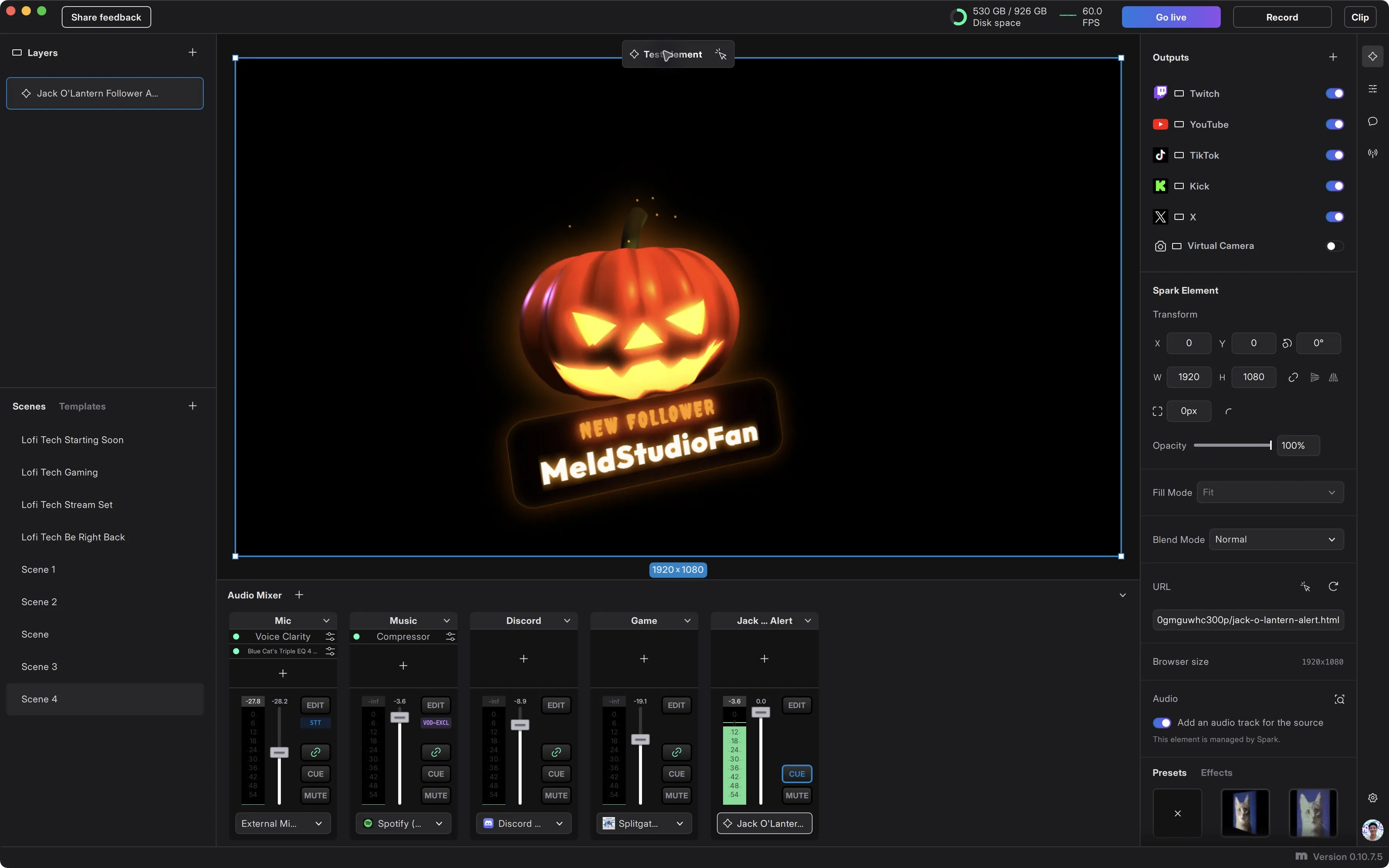 Jack O Lantern Follower Alert in a separate Meld scene, showing a sample follower triggered by Test element.
