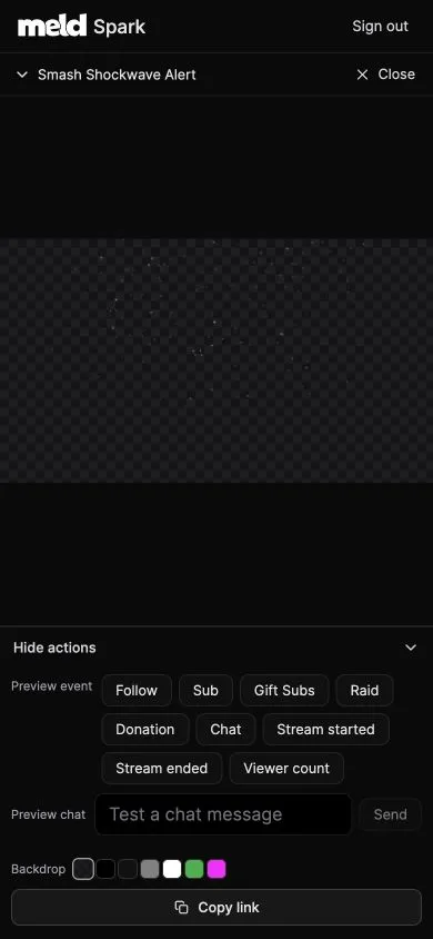 Mobile preview actions with event buttons, a chat message field, backdrop colors, and Copy link.