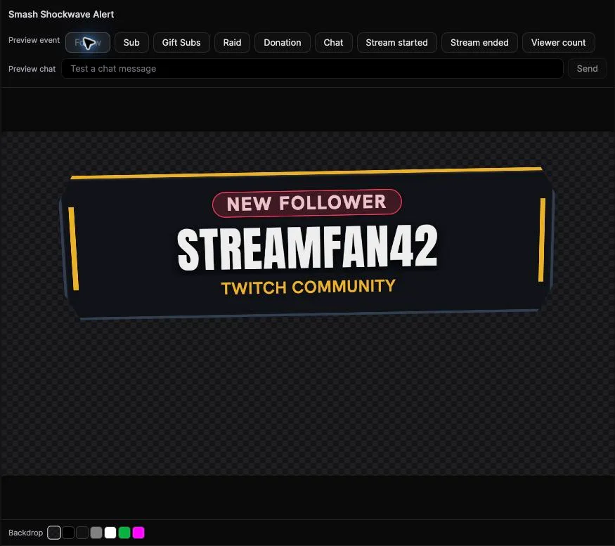 Spark web event controls and a sample follower alert in the preview.