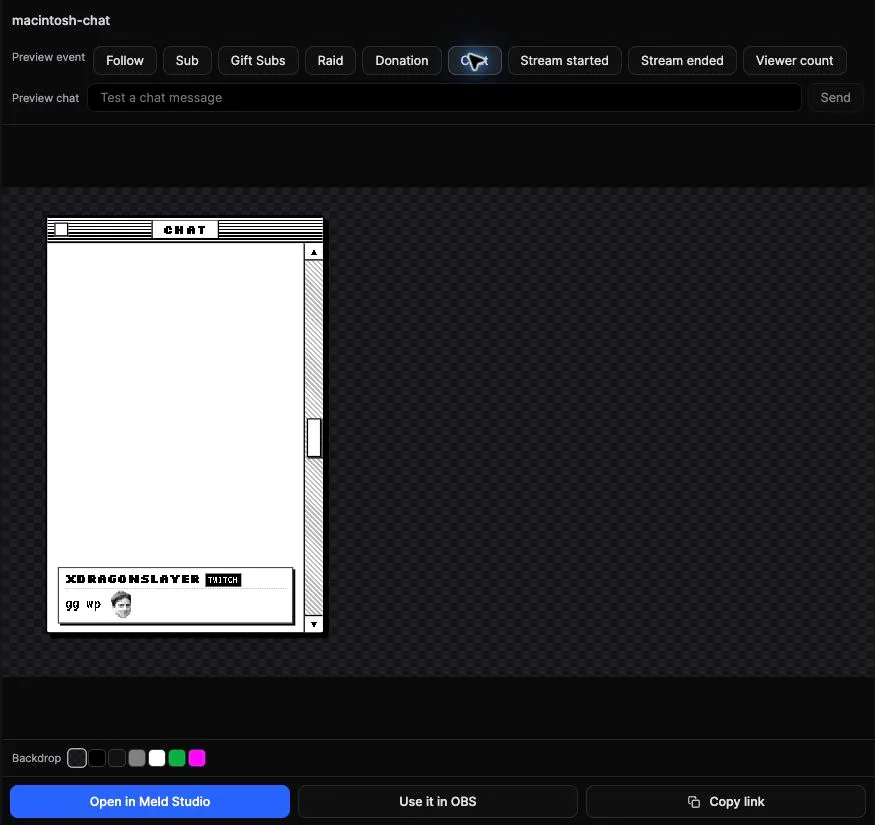 A chat widget preview with Open in Meld Studio below it.
