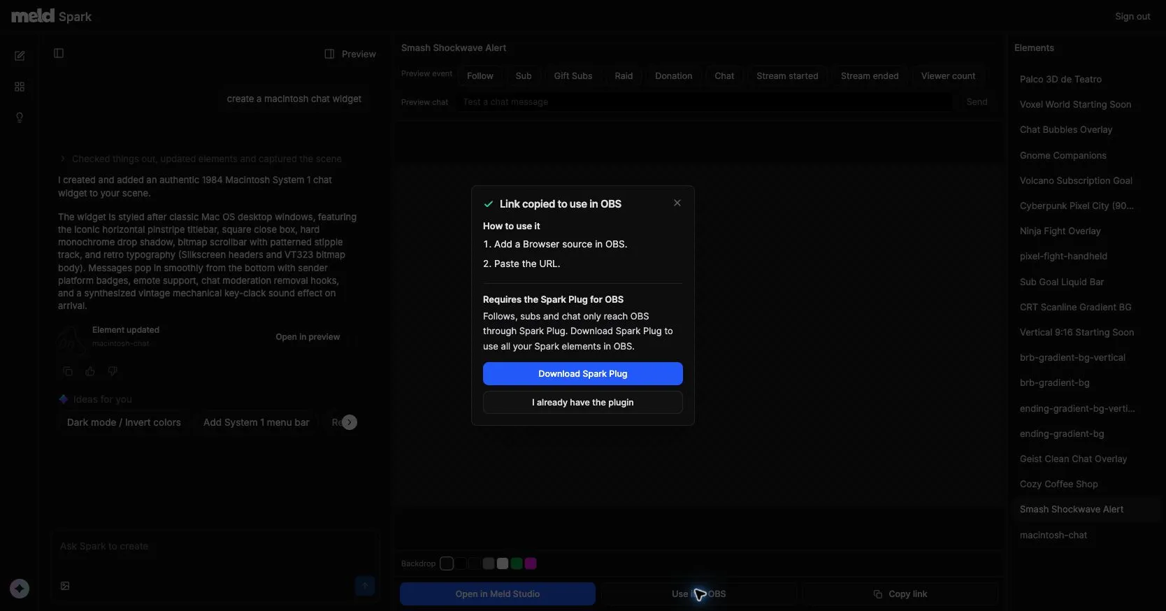 Spark instructions to add the copied link as an OBS Browser source.