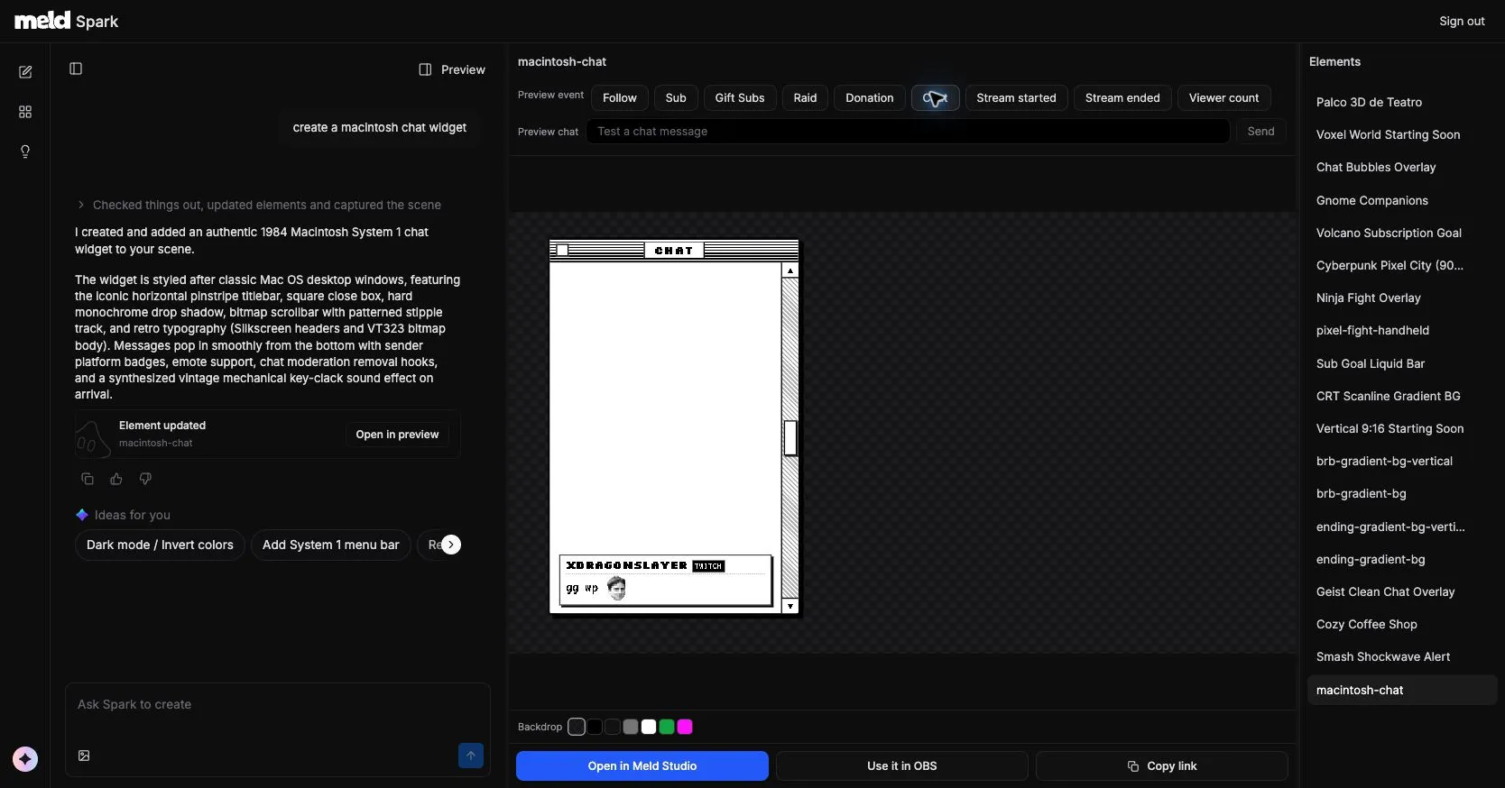Spark in the browser with the conversation, chat widget preview, and Elements list.