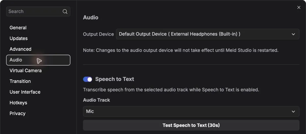 Meld Audio settings with Speech to Text enabled, Mic selected, and Test Speech to Text (30s).
