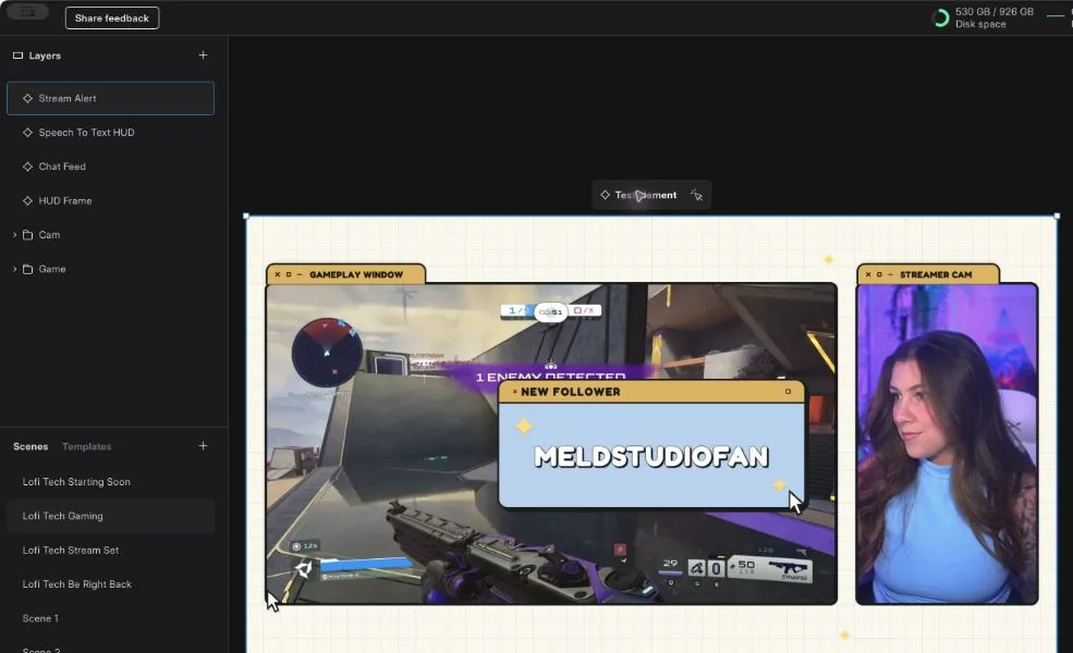 Stream Alert selected in Meld Studio, with Test element above the canvas and a sample follower alert.