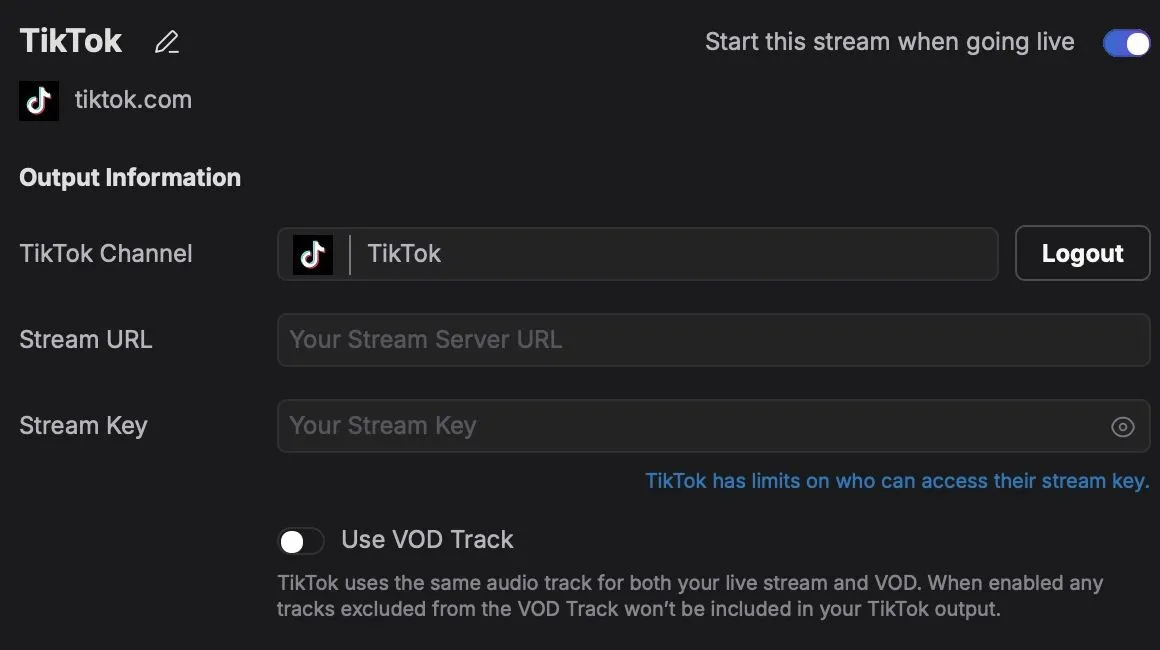 TikTok output with an account logged in and separate Stream URL and Stream Key fields.