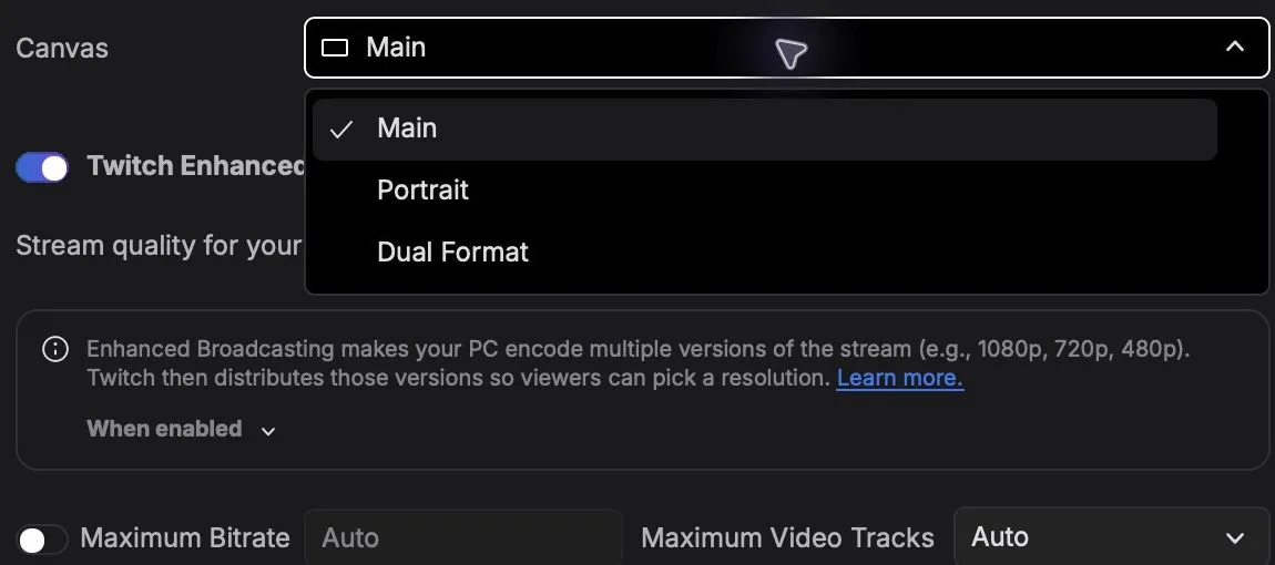 Twitch output Canvas menu with Main, Portrait, and Dual Format options.