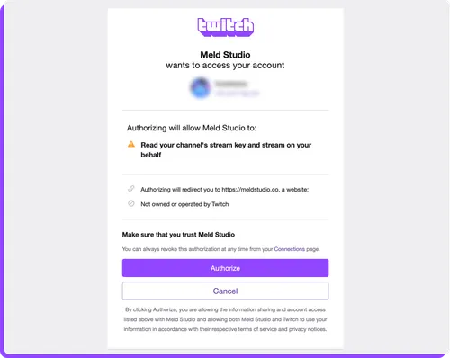 Authorize Meld Studio to access your Twitch account's basic permissions