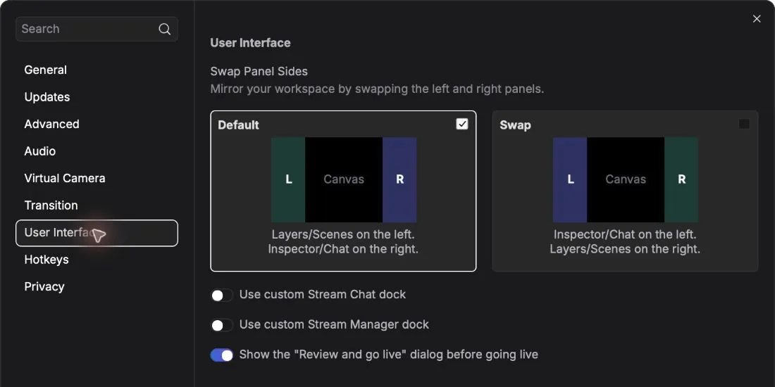 User Interface settings with the Review and go live dialog enabled.